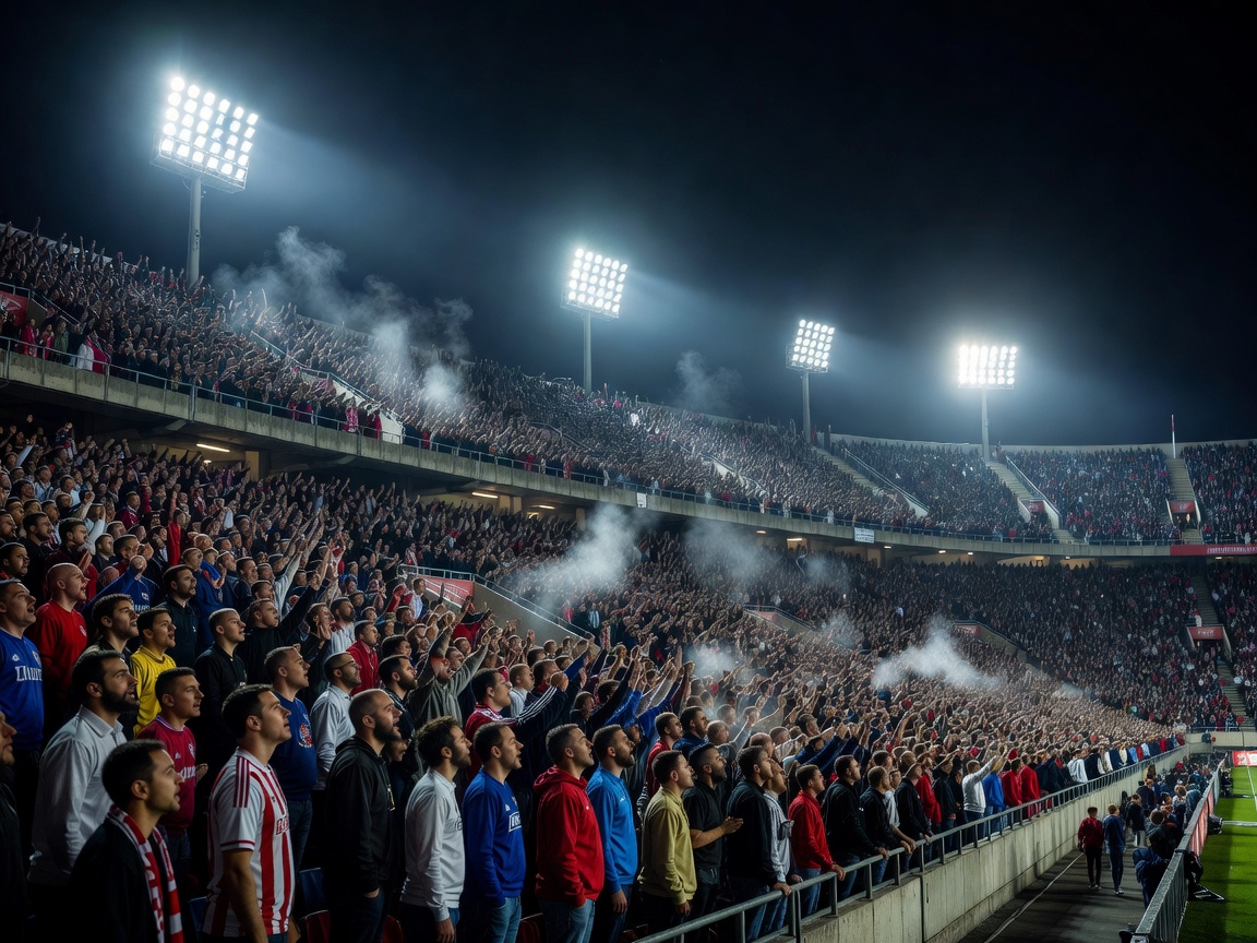 European football stadium crowd under floodlights