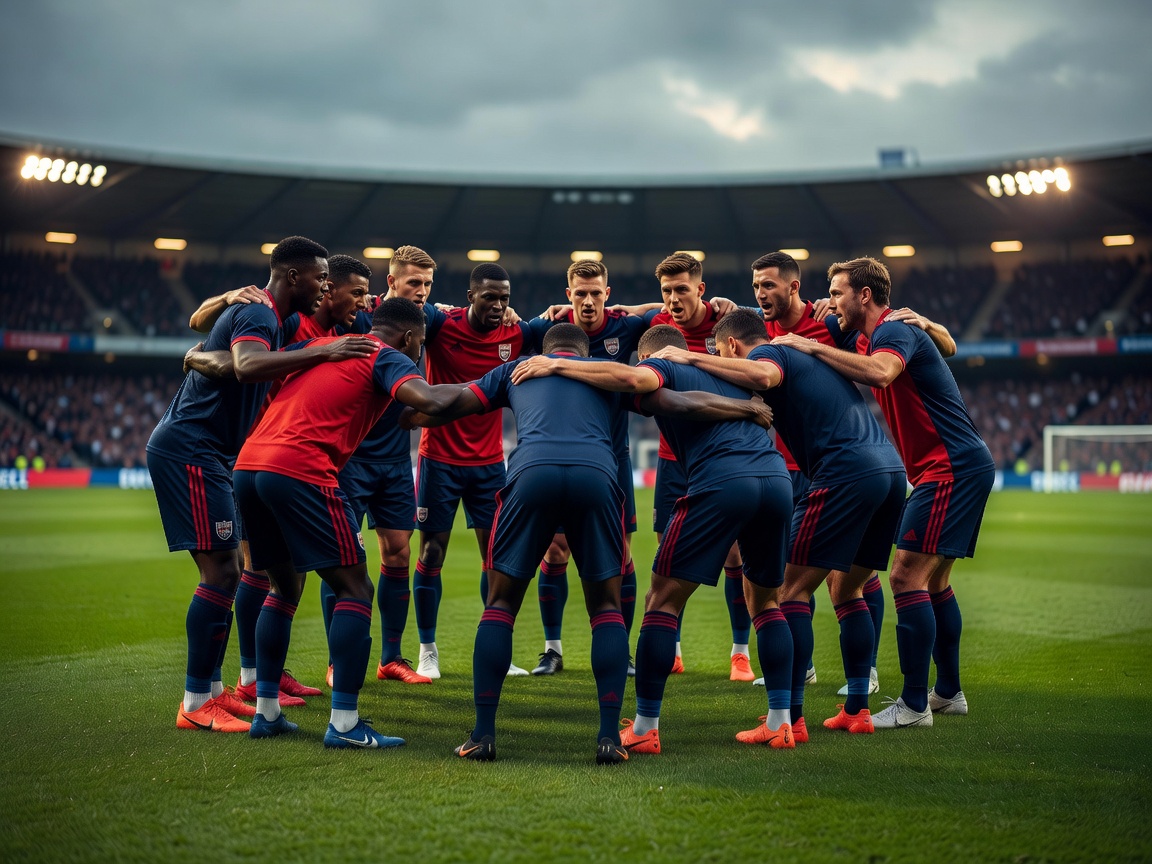Football players in high pressing huddle before match