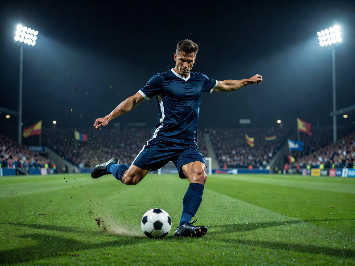 Footballer striking ball during European night match
