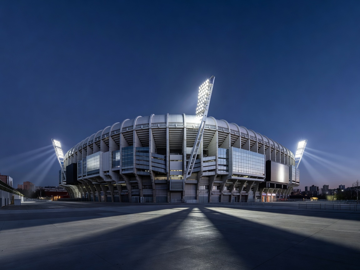 Santiago Bernabéu stadium in Madrid under evening floodlights