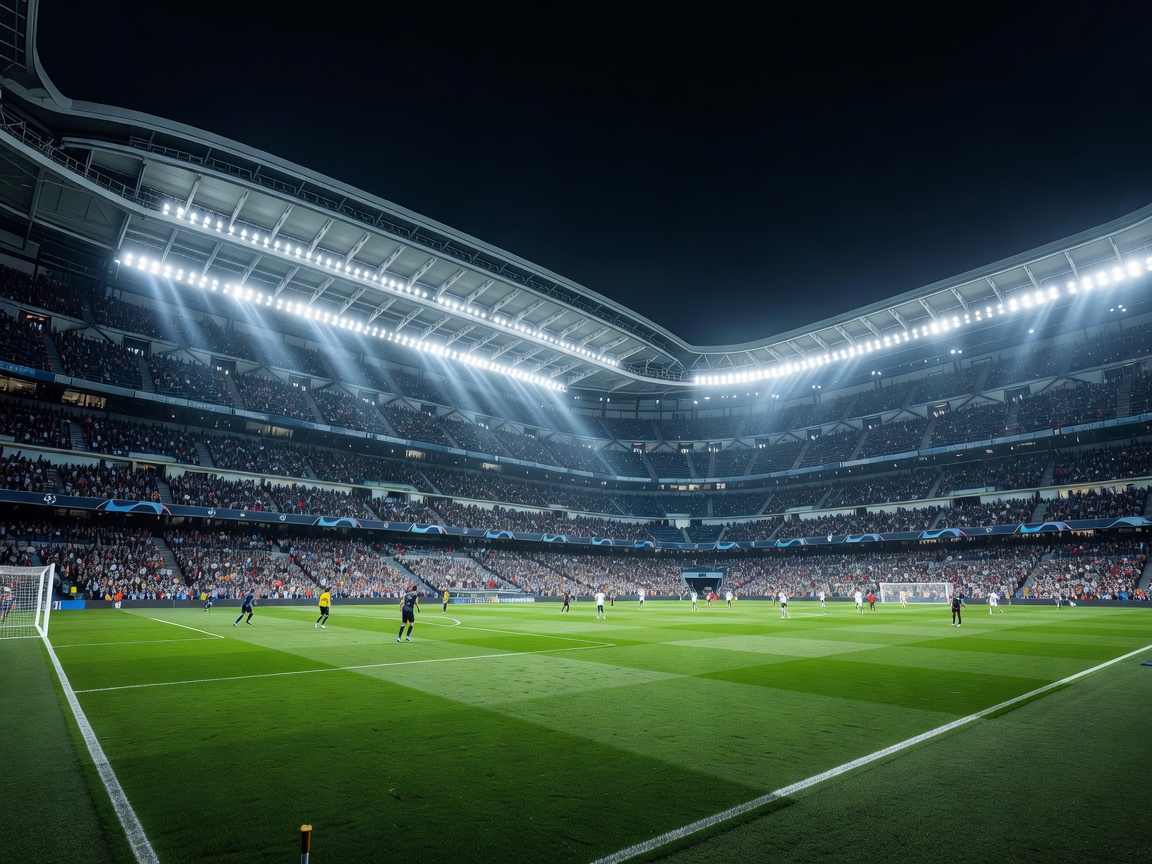 Santiago Bernabéu stadium lighting on a Champions League matchday in Madrid